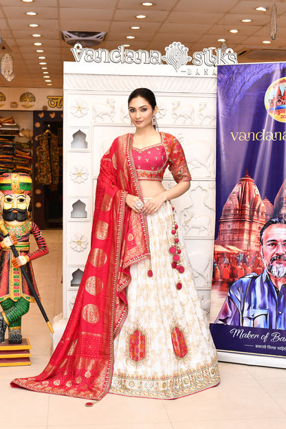"Natheshwari" White Pure Banarasi Designer Lehenga