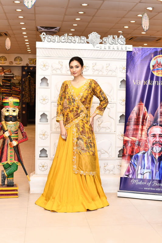 "VIRASAT 169" – Yellow Pure Banarasi Kalamkari Indo-Western Dress