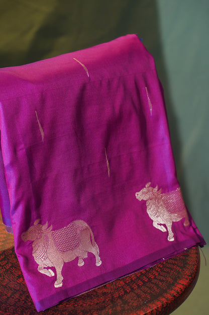 Deep Purple Raw Silk Banarasi Saree with Floral Buti &amp; Zari Nandi Tree Pallu