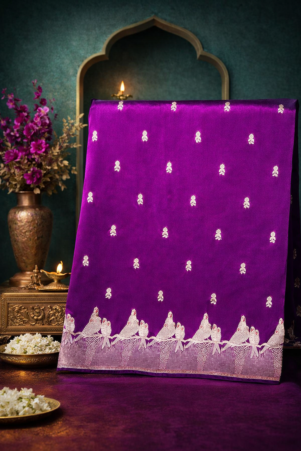 Deep Voilet Semi Katan Banarasi Saree with Gold Zari Buti &amp; Meenakari Border