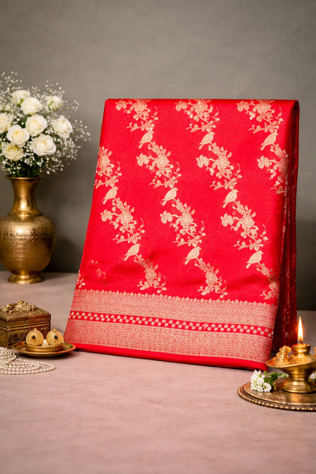 WAAH BANARAS 105: Reddish Pink Semi Katan Silk Saree with Elegant Zari Weaving