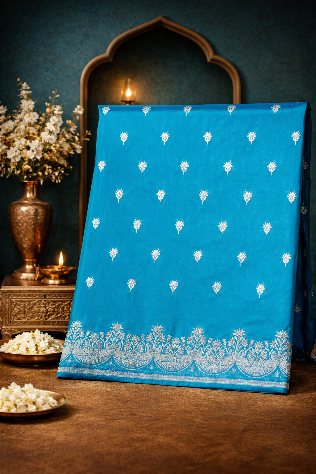 Waah Banaras 106: Turquoise Blue Semi Katan Banarasi Saree with Sona Rupa Zari Elegance