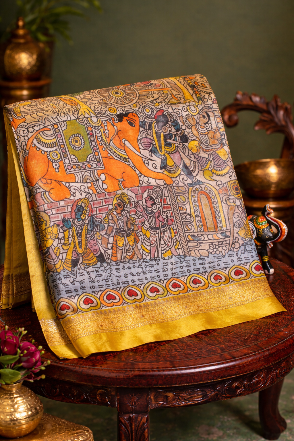 Founder Choice 028 Yellow Kalamkari Soft Silk Saree with Mythological Palla &amp; Zari Border