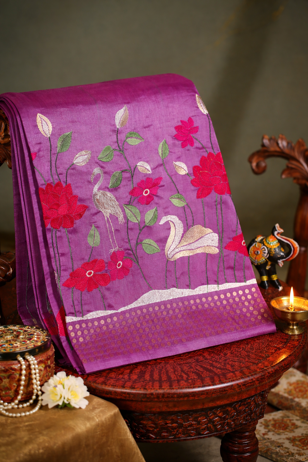 Founder Choice 033 Purple Raw Silk Saree with Floral Embroidered Border &amp; Subtle Butti Weave