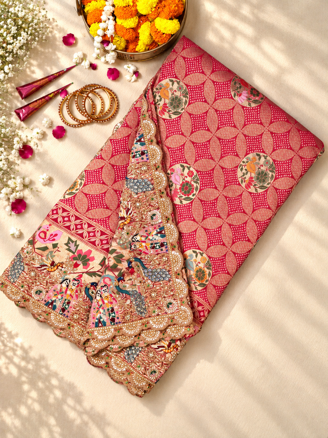 Karwa Chauth Special – Flamingo Pink Georgette Bandhani Gajji Silk Saree