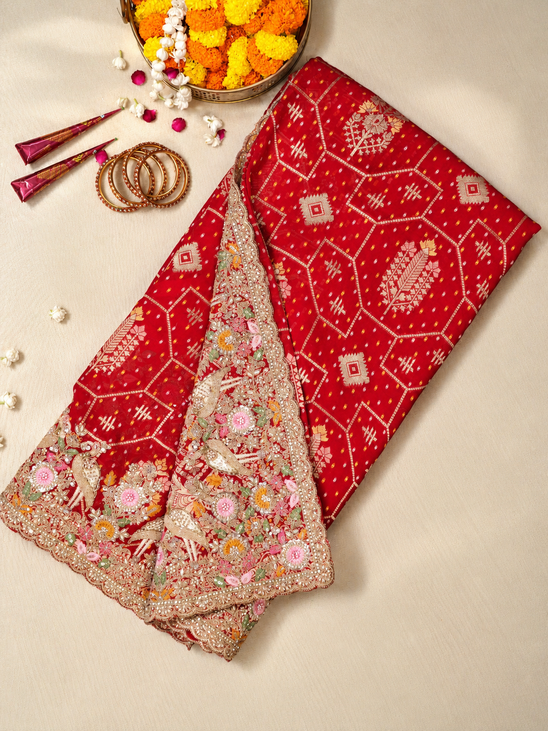 Karwa Chauth Special – Dulhan Red Georgette Bandhani Silk Saree