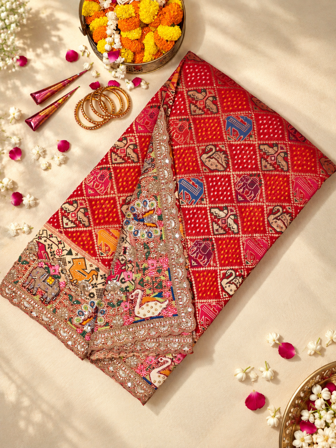Karwa Chauth Special – Surkh Laal Georgette Bandhani Gajji Silk Saree