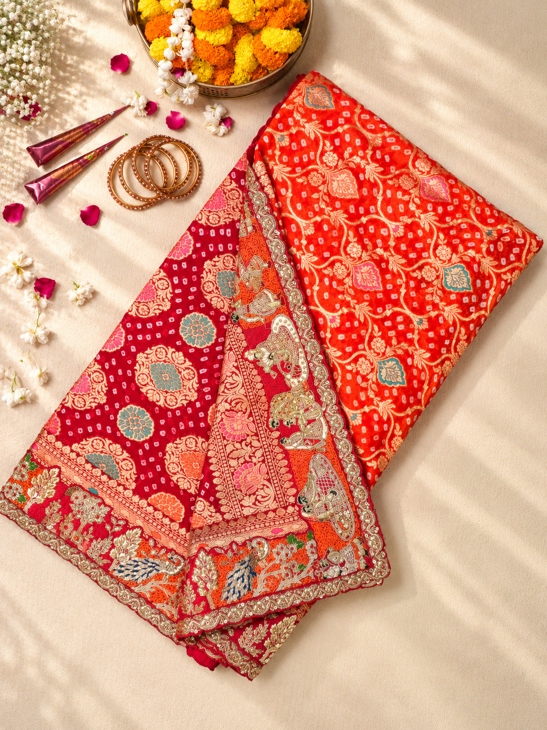 Karwa Chauth Special – Flamingo Red Orange Pure Georgette Bandhani Gajji Silk Saree