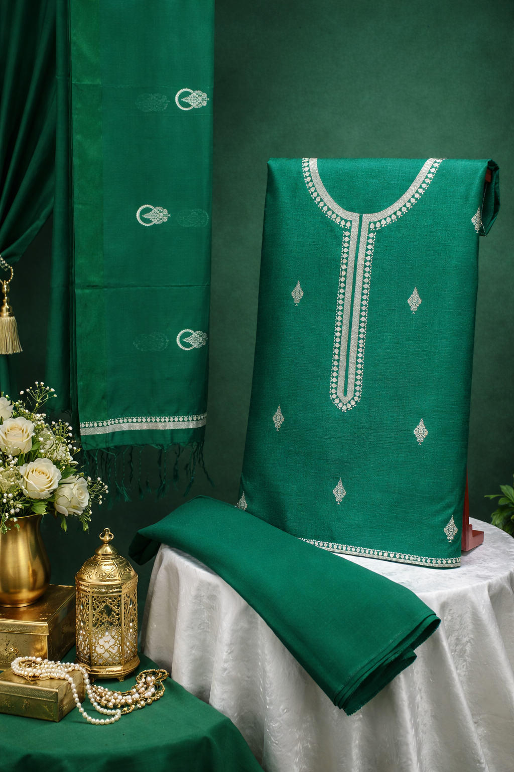 MANSI 116: Forest Green Raw Silk Unstitched Suit Set with Elegant Gold Zari Work