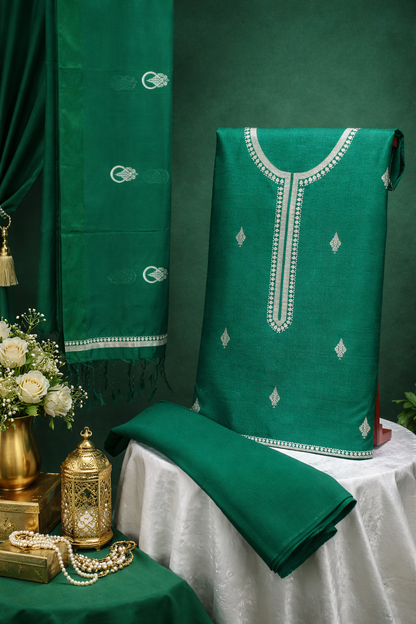 MANSI 116: Forest Green Raw Silk Unstitched Suit Set with Elegant Gold Zari Work