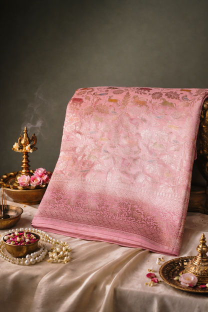 Founder Choice 029: Lotus Pink Pure Handloom Katan Silk Saree with Zari Shikargah &amp; Meenakari Work - Silk Mark Certified