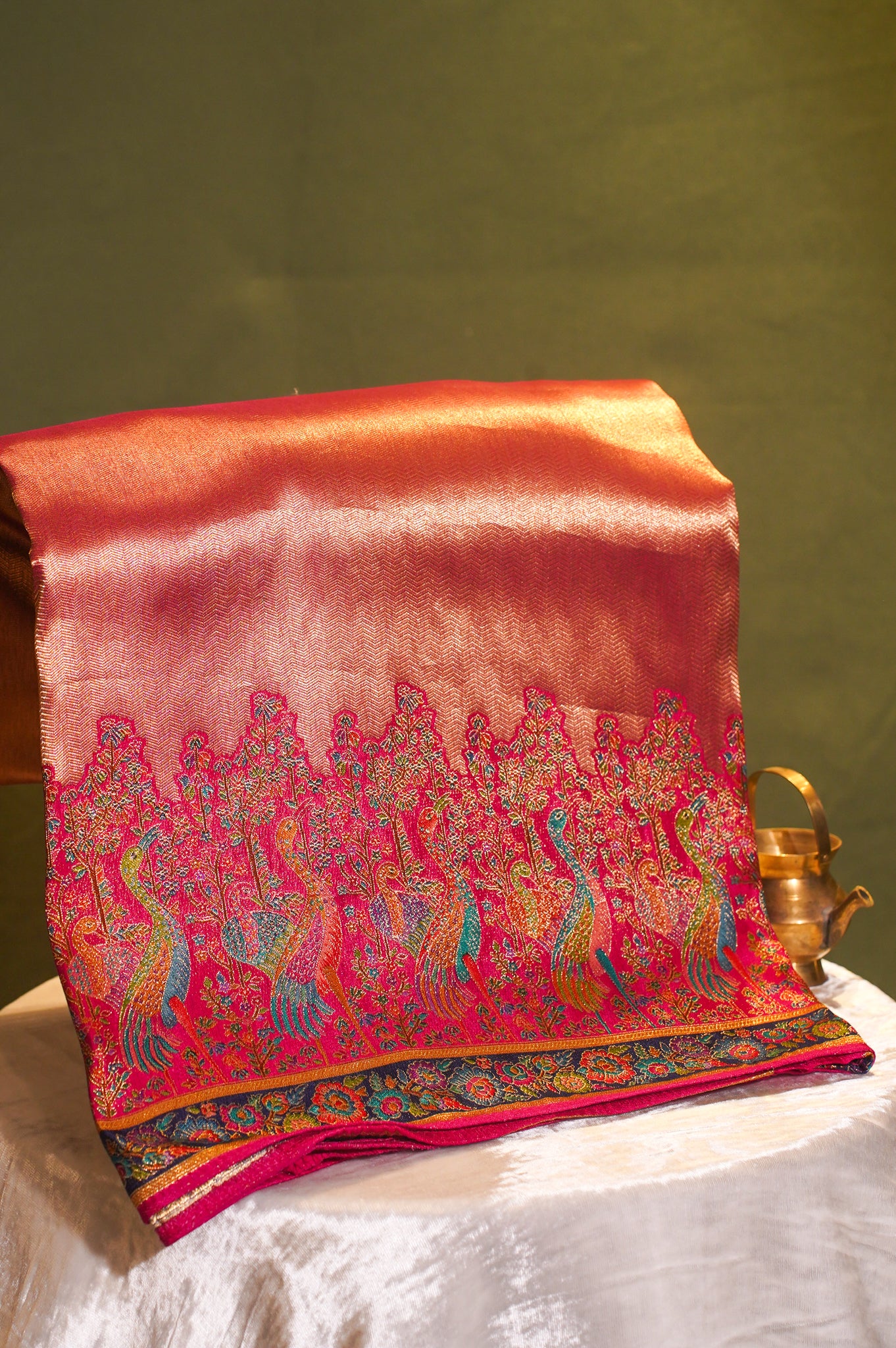 Gajri Peach Banarasi Brocade Silk Saree with Meenakari Peacock Border