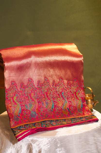 Gajri Peach Banarasi Brocade Silk Saree with Meenakari Peacock Border