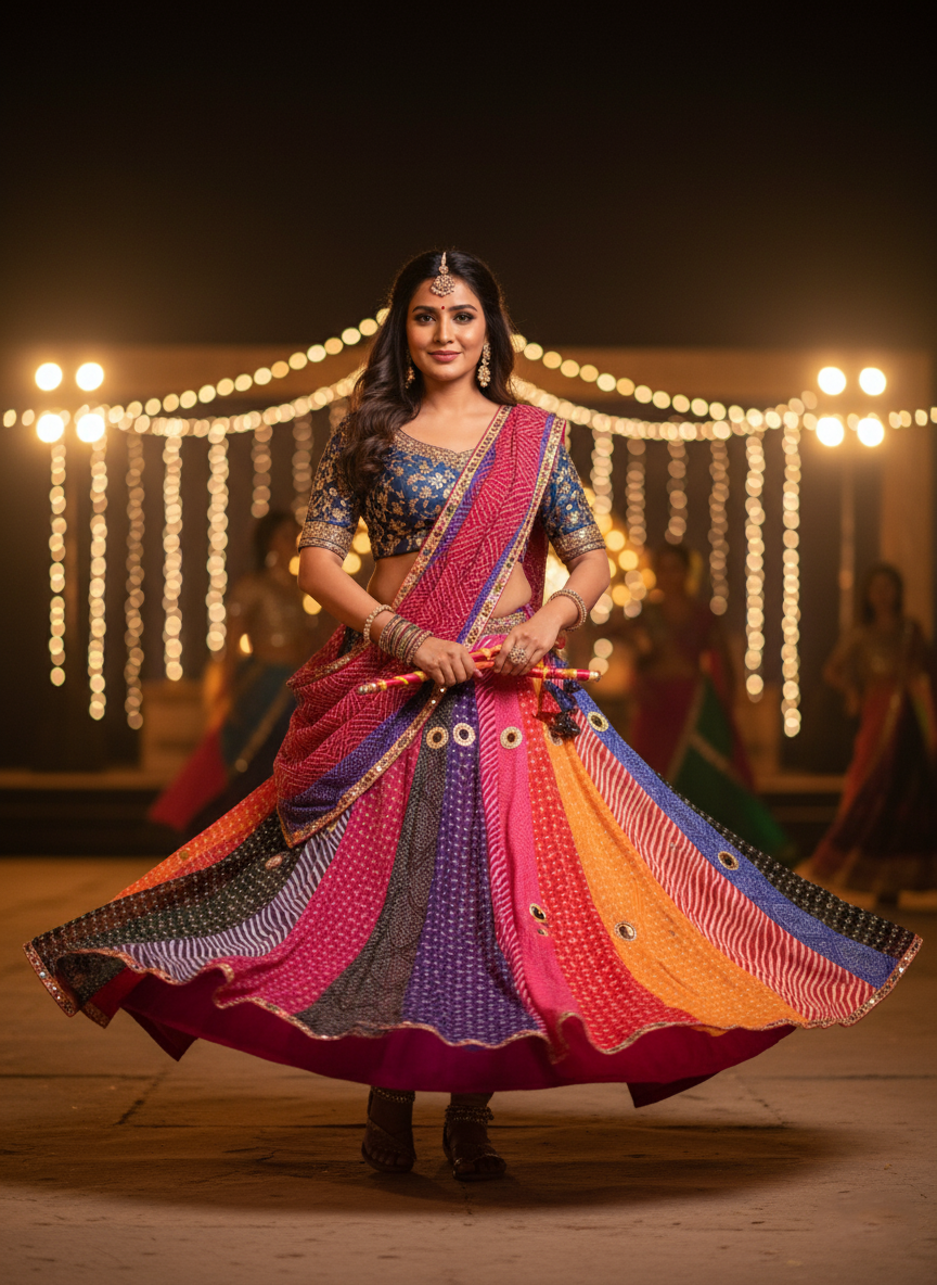 "MANSI 050" Banarasi Georgette Skirt with Bandhani Print & Mirror Work Detailing