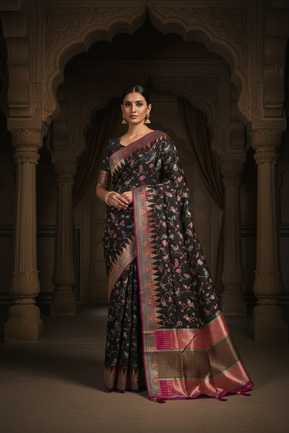 "Waah Banaras 075" Banarasi Black Meenakari Tussar Silk Saree