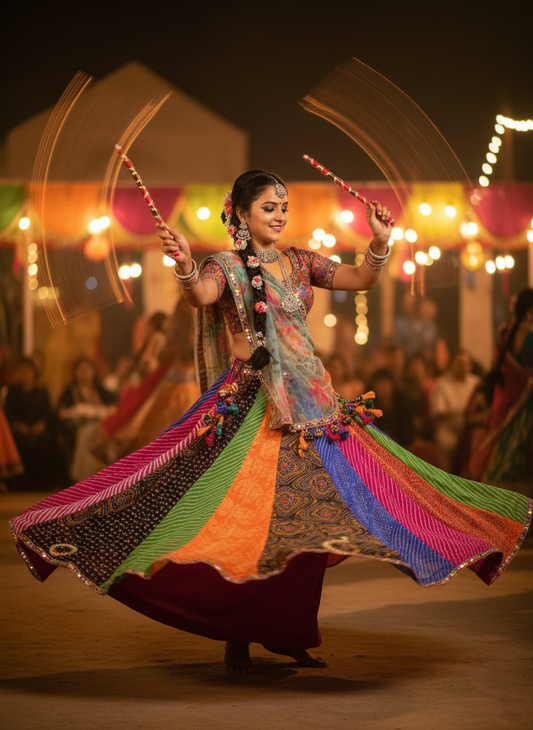 "MANSI 046" Banarasi Georgette Skirt with Bandhani Print & Mirror Work Detailing