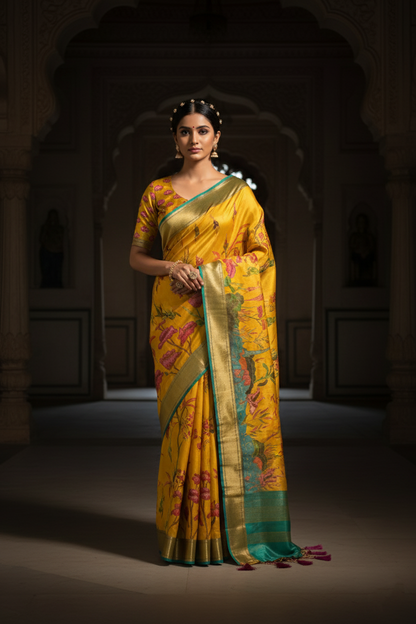 "Waah Banaras 088" Banarasi Vibrant Yellow Meenakari Pashmina Pathni Border Silk Sare