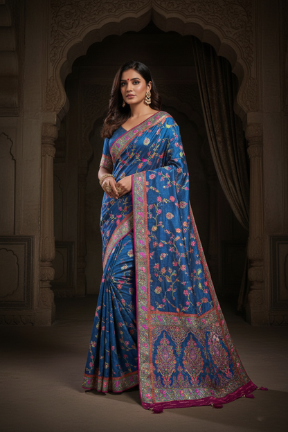 "Waah Banaras 081" Banarasi Deep Royal Blue Meenakari Tussar Silk Saree