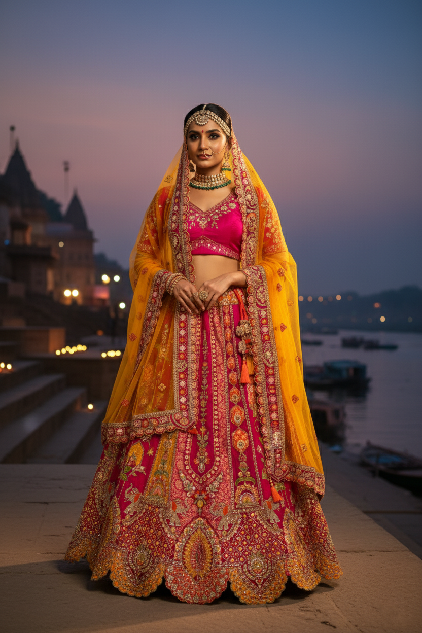 "MANSI 045" Banarasi Silk Bridal Lehenga With Sequence Work & Cutwork Border