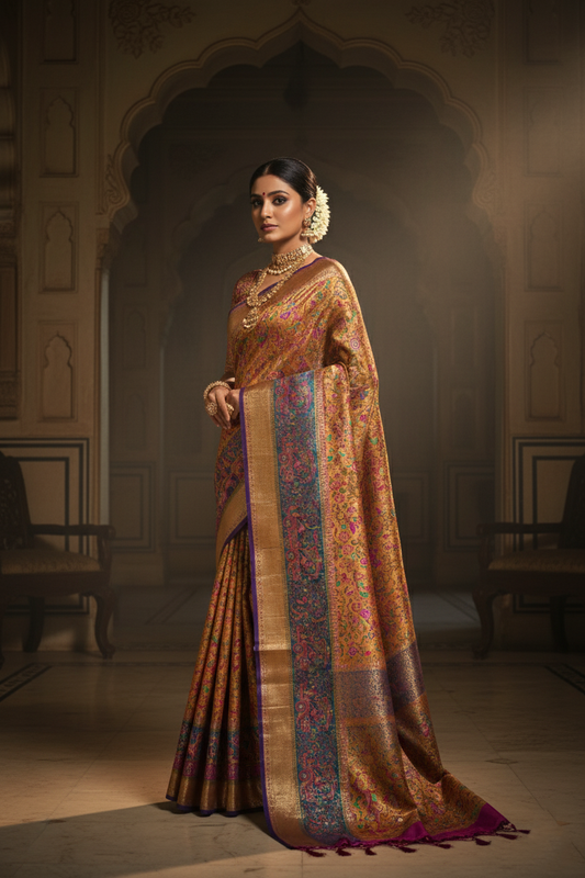 "Waah Banaras 074" Banarasi Mustard Gold Pashmina Silk Saree