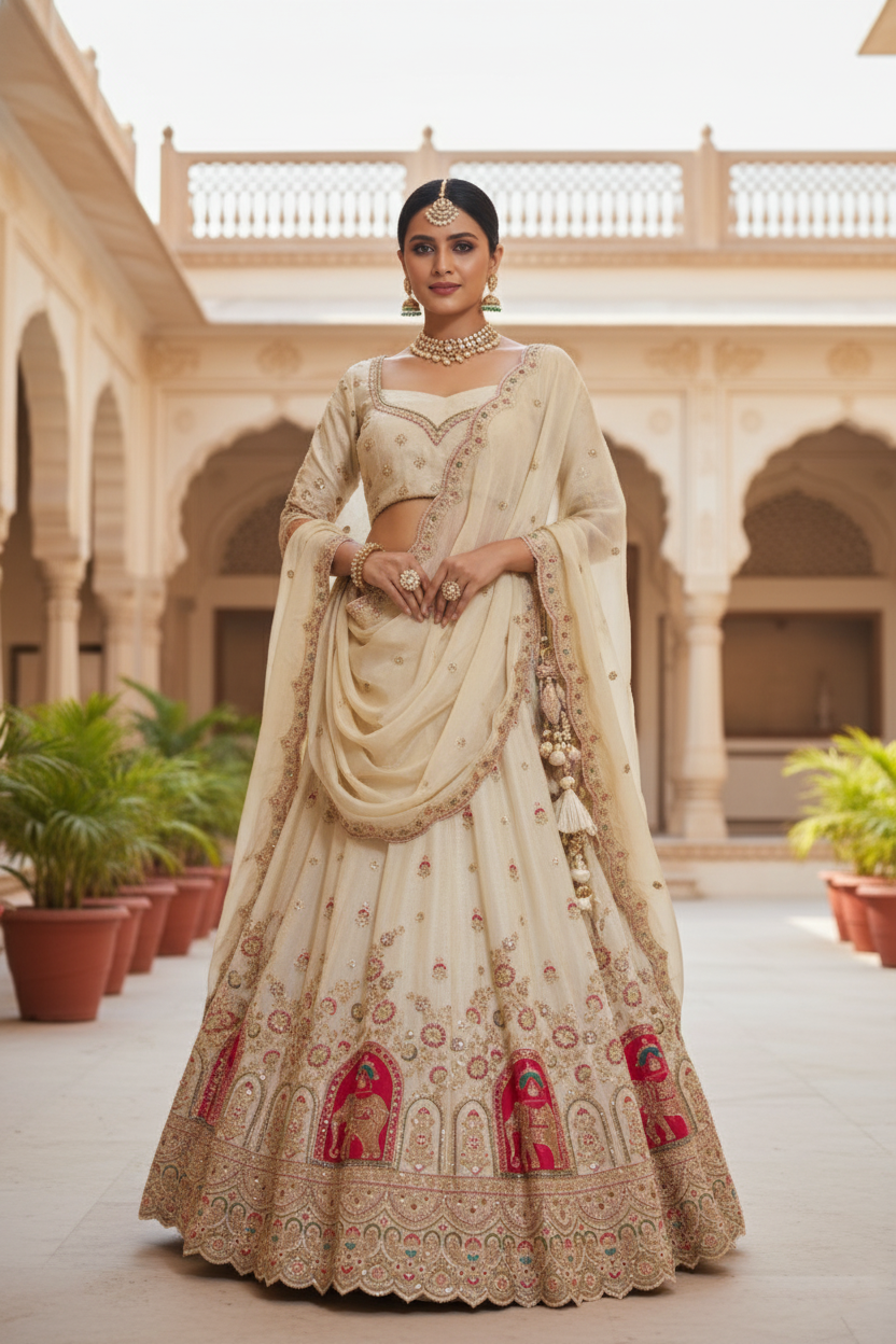 "Mansi 068" Banarasi Tissue Silk Dazzling Cut Dana Hand-Work Traditional Lehenga