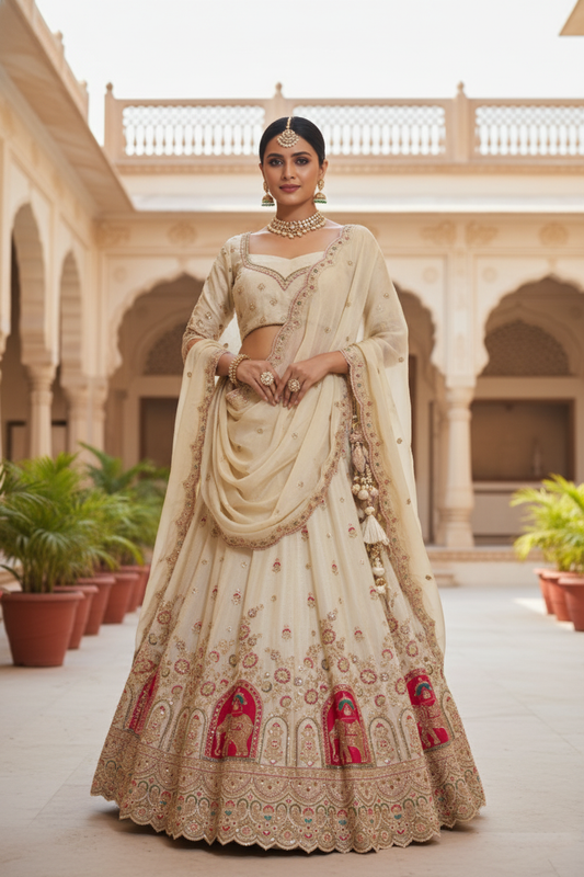 "Mansi 068" Banarasi Tissue Silk Dazzling Cut Dana Hand-Work Traditional Lehenga