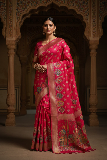 "Waah Banaras 083" Banarasi Royal Red Meenakari Pashmina Silk Saree