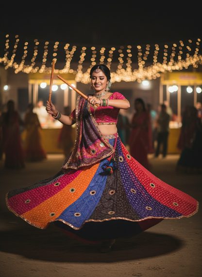 "MANSI 047" Banarasi Georgette Skirt with Bandhani Print & Mirror Work Detailing