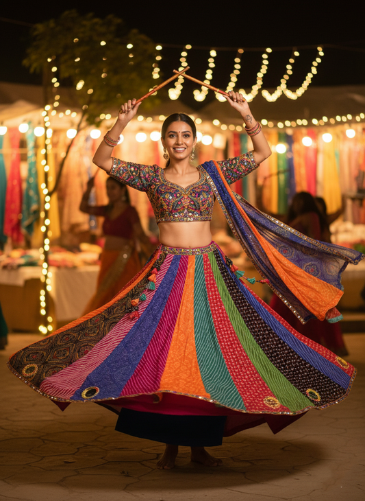 "MANSI 053" Banarasi Georgette Skirt with Bandhani Print & Mirror Work Detailing