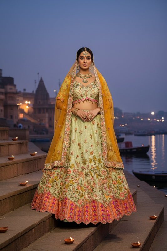 "MANSI 042" Banarasi Tanchui Silk Sequin Work Lehenga with Embroidered Cutwork Border