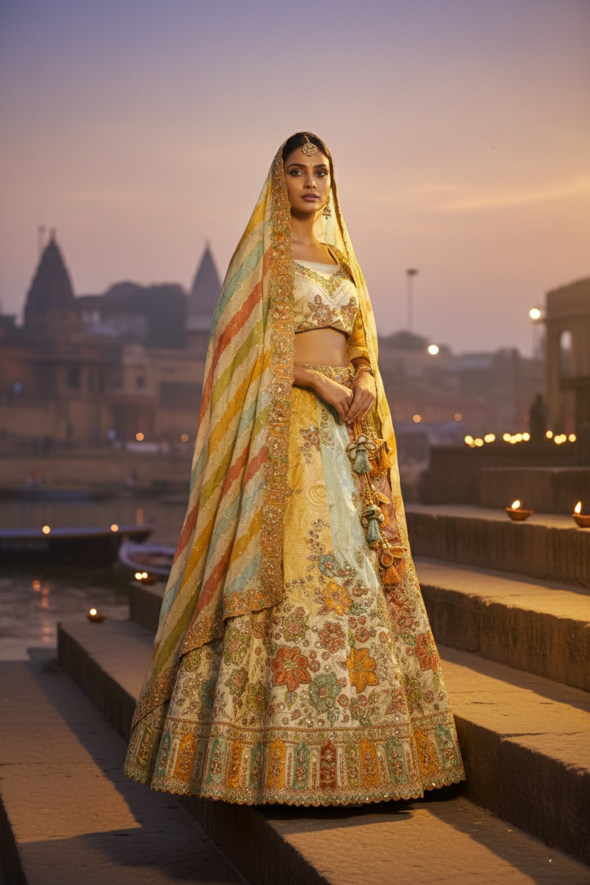 "MANSI 041" Banarasi Tanchui Silk Applique Work Lehenga With Embroidered Cutwork Border