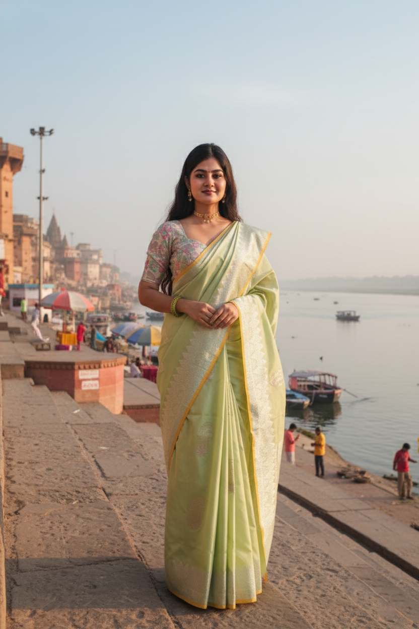 "Virasat 254" Banarasi Ektara Silk Kadwa Weave Real Silver Jari Saree