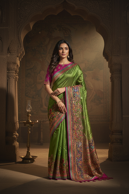 "Waah Banaras 078" Banarasi Green Meenakari Pashmina Silk Saree