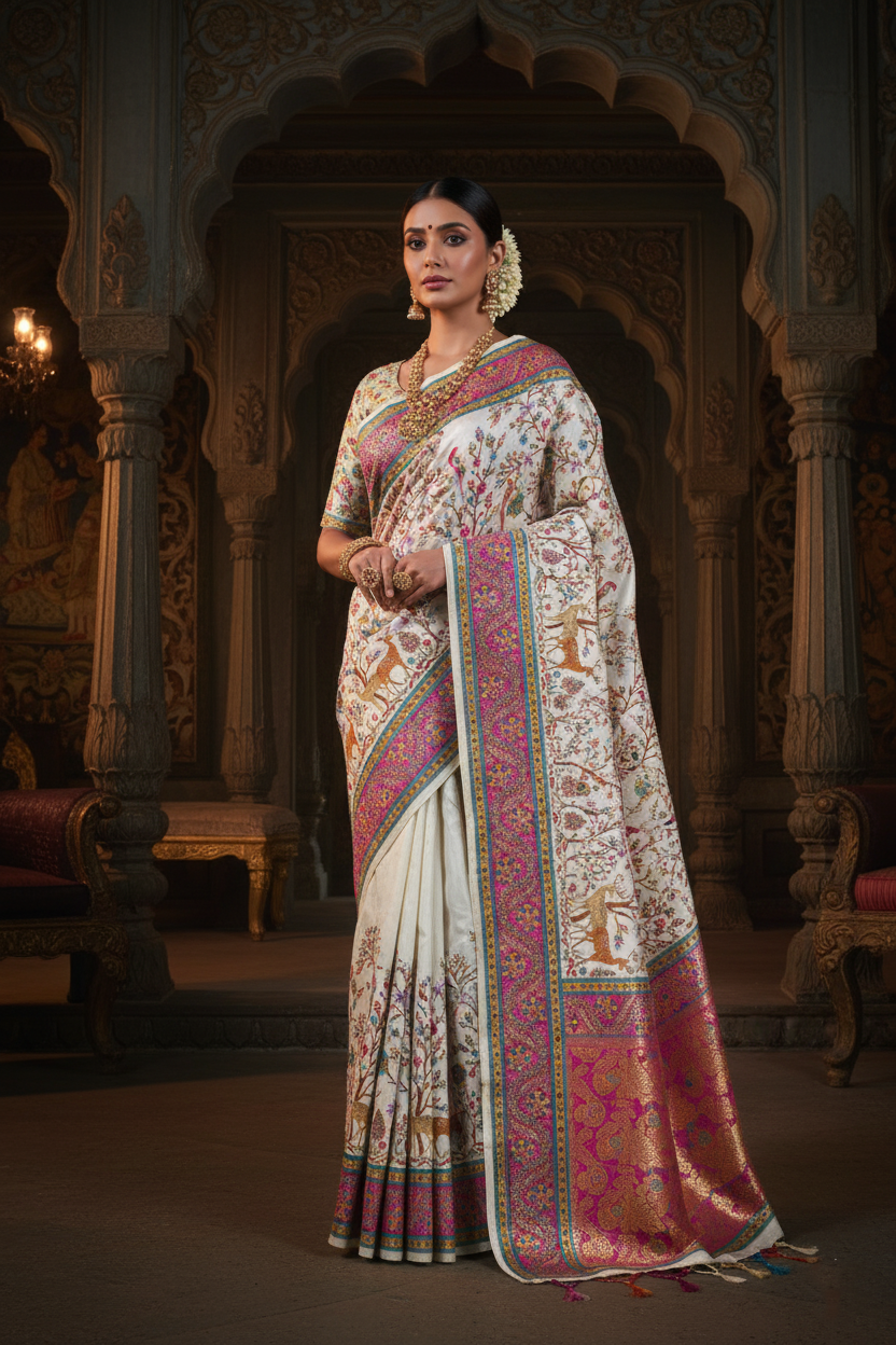 "Waah Banaras 072" Banarasi Ivory Base With Vibrant Accents Meenakari Pashmina Silk Saree