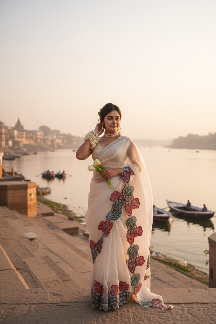 "Virasat 273" Banarasi Kora Silk Multicolor Pure Embroidery Meenakari Saree