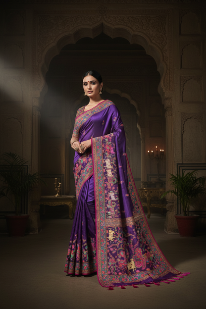 "Waah Banaras 073" Banarasi Royal Purple Meenakari Tussar Silk Saree