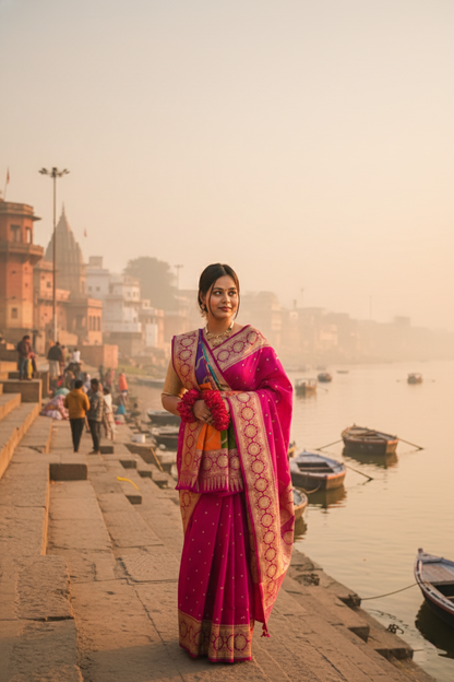 "Waah Banaras 100" Banarasi Chaarbagh Rangkaat Satan Silk Saree 100% Pure Vegan