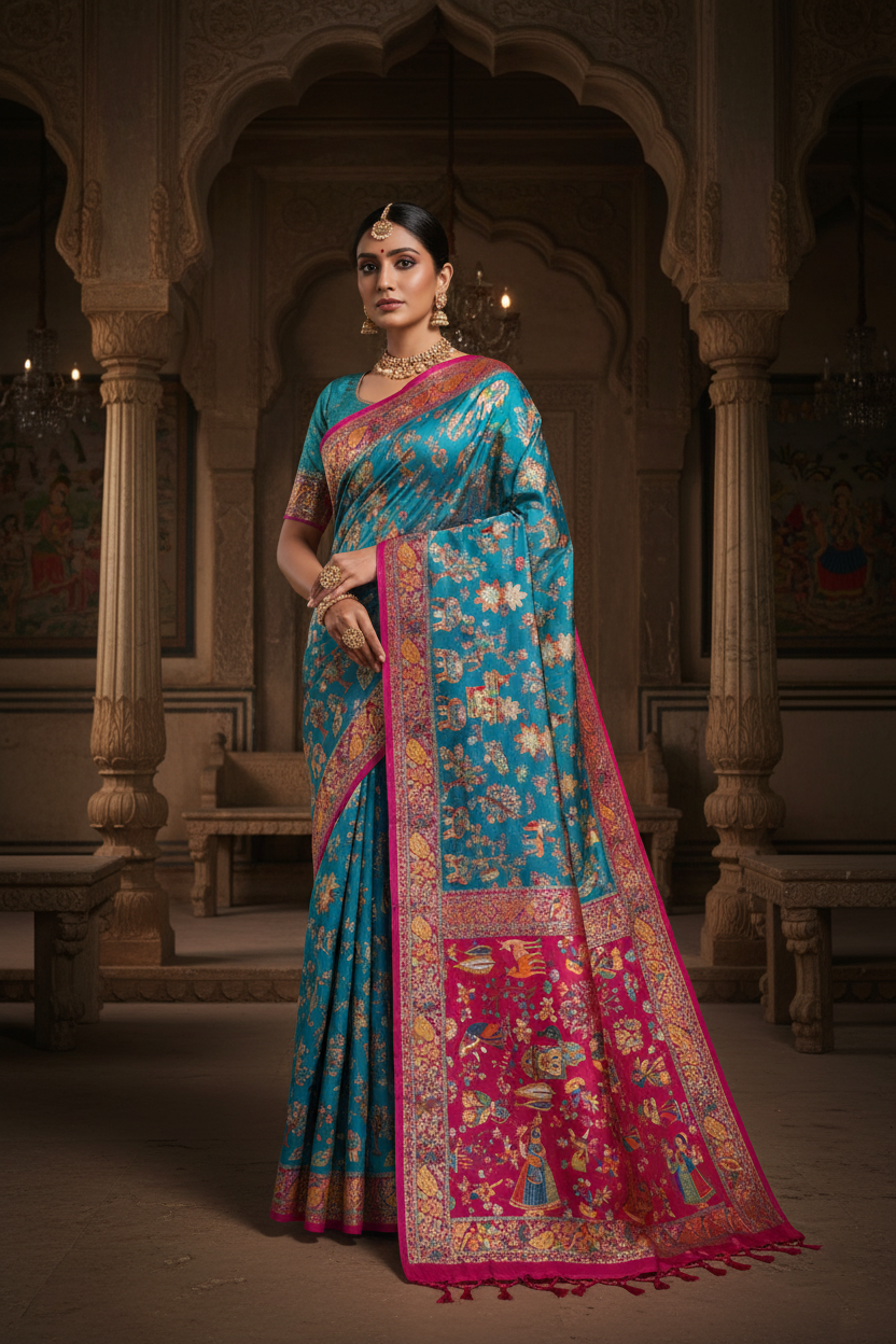 "Waah Banaras 080" Banarasi Turquoise Blue Meenakari Pashmina Silk Saree