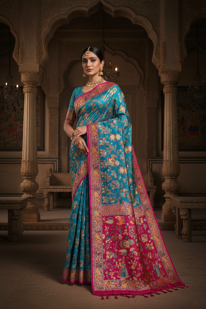 "Waah Banaras 080" Banarasi Turquoise Blue Meenakari Pashmina Silk Saree