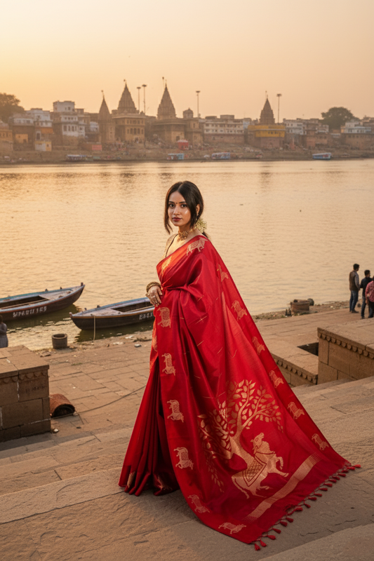 "UTSAV BANARAS 109" Banarasi Red Raw Silk With Nandi Border Saree