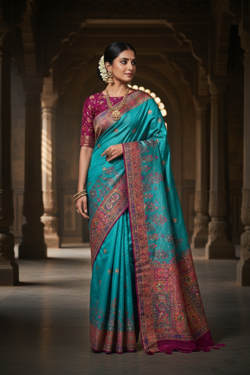 "Waah Banaras 068" Banarasi Turquoise Meenakari Pashmina Silk Saree