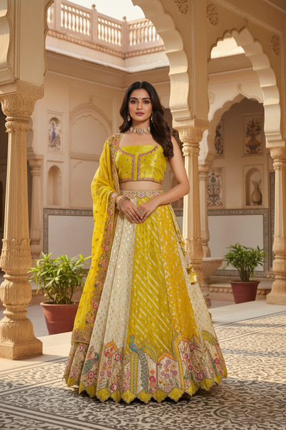 "Mansi 058" Banarasi Rangkaat Pattern Kadhai Work Moonga Silk Lehenga