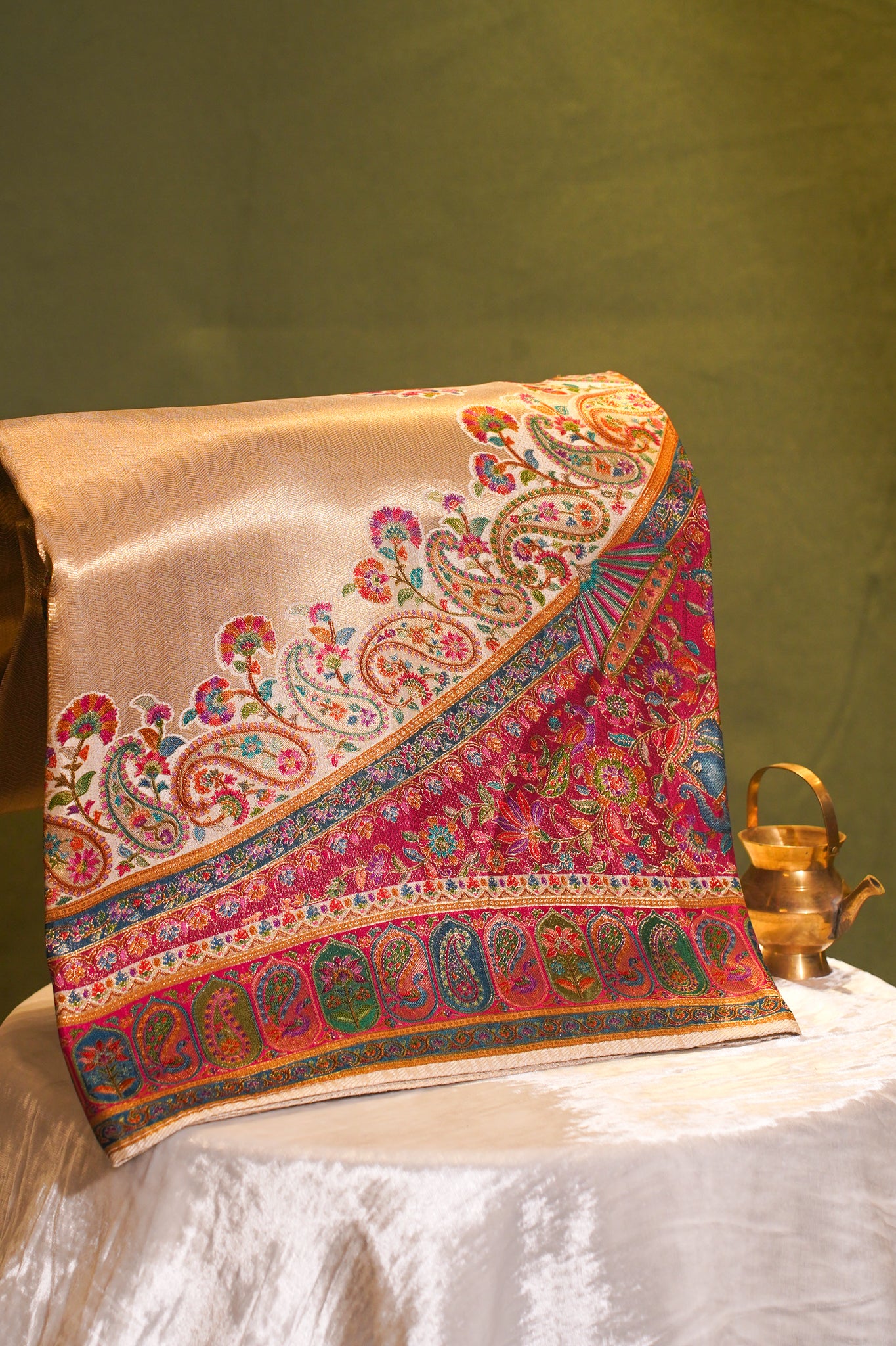 Golden Brocade Silk Saree with Meenakari Peacock &amp; Royal Arch Motifs