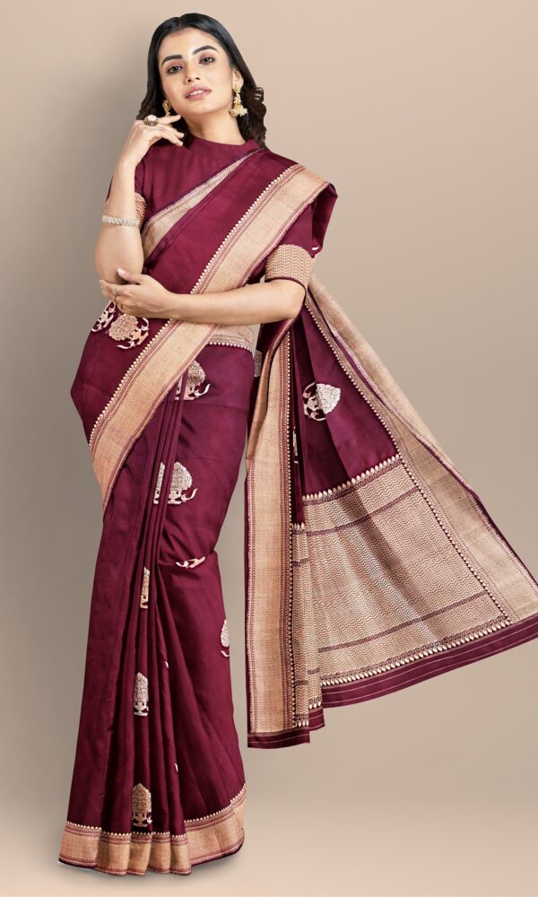 Handwoven Banarasi Kadwa Wine Pure Silk Saree