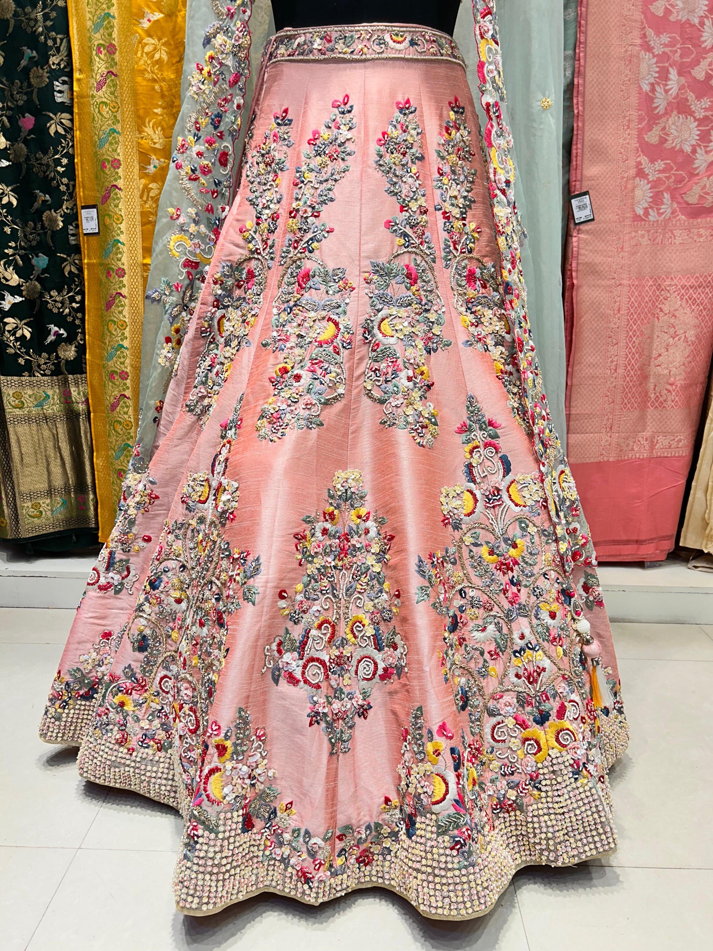 Luxurious Raw Silk Hand-Embroidered Lehenga with Customized Fitting