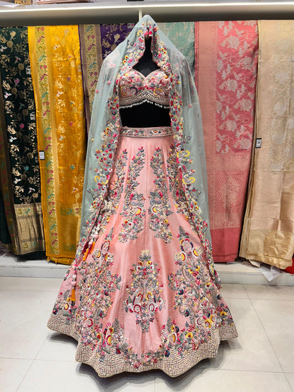 Luxurious Raw Silk Hand-Embroidered Lehenga with Customized Fitting