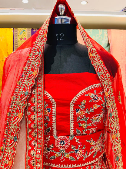 Exquisite Raw Silk Multi-Color Thread Lehenga with Zardozi Work