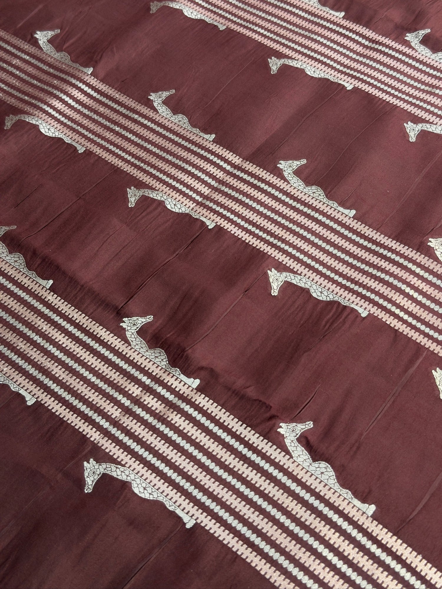 VIRASAT 365: Deep Coffee Pure Katan Silk Saree with Gold &amp; Copper Zari Animal Stripe Design