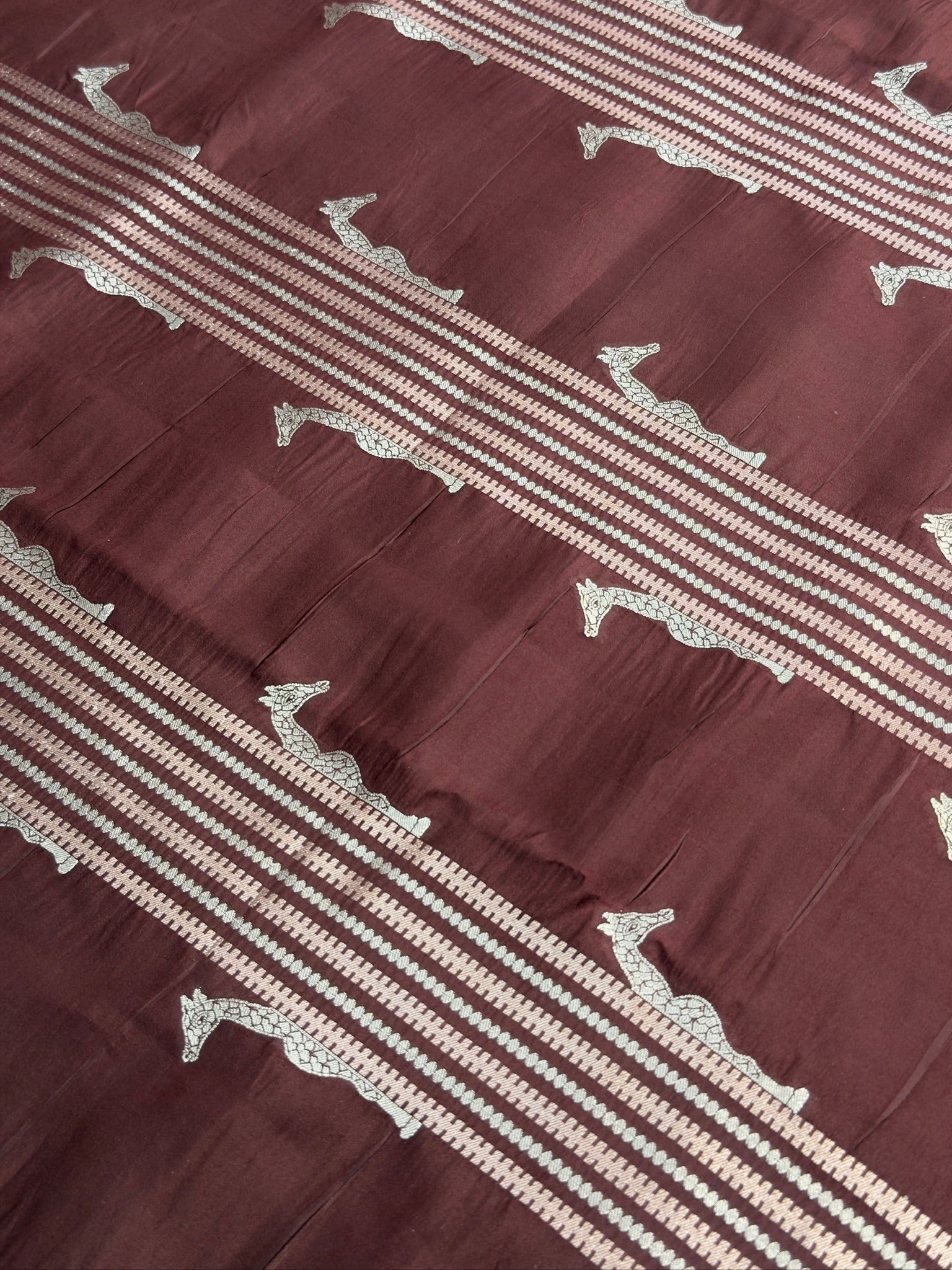 VIRASAT 365: Deep Coffee Pure Katan Silk Saree with Gold &amp; Copper Zari Animal Stripe Design