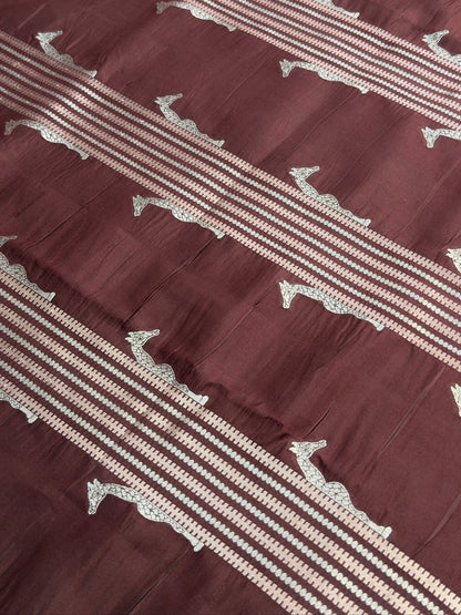 VIRASAT 365: Deep Coffee Pure Katan Silk Saree with Gold &amp; Copper Zari Animal Stripe Design